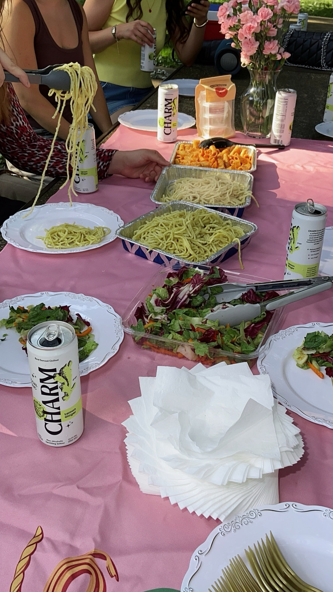 Outdoor VARY picnic — pesto and vodka pastas with CHARM seltzers on a pink table